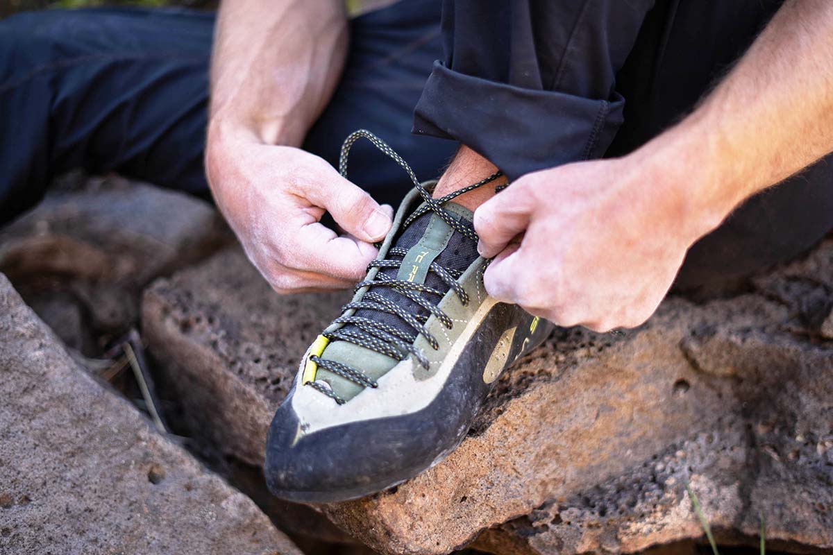 La Sportiva TC Pro climbing shoe (lacing up)
